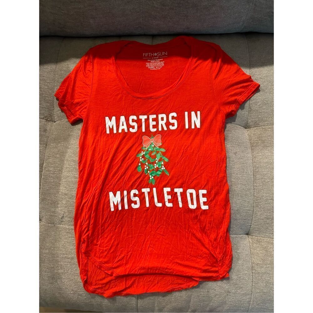 Masters in Mistletoe Christmas Tacky SS T-Shirt Womens XS Red Festive Holiday